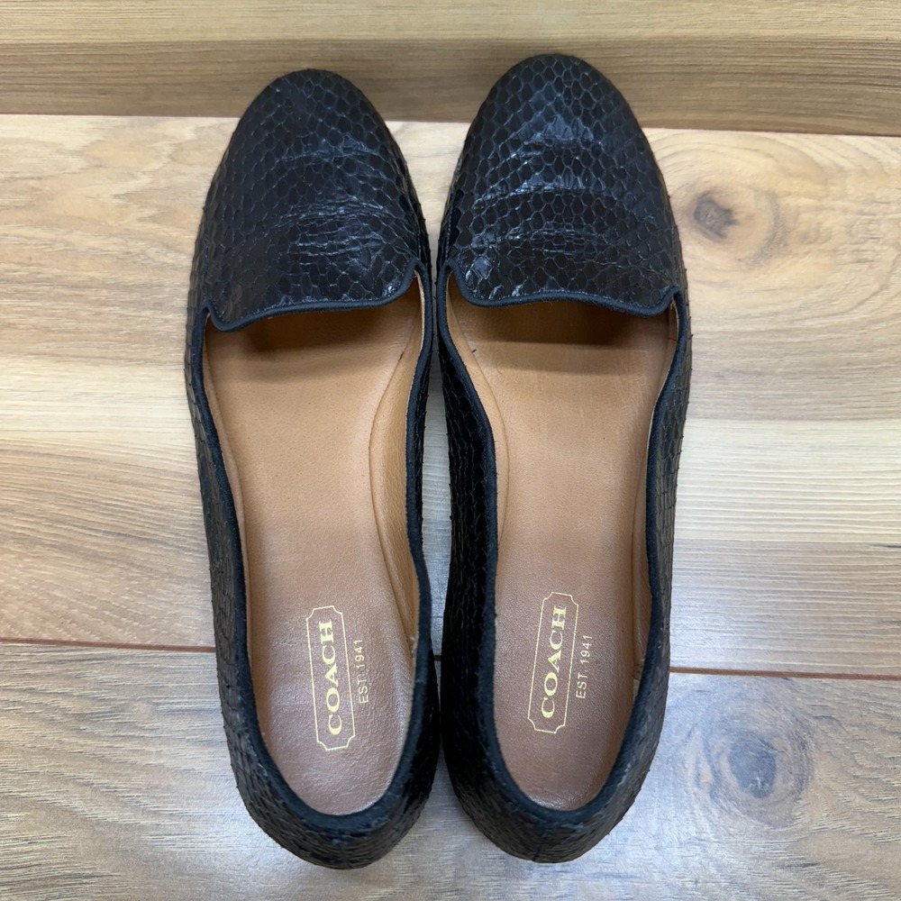 Coach Catrin Snake Embossed Leather Flats 7.5 Black Ballet Slip On - Picture 8 of 11